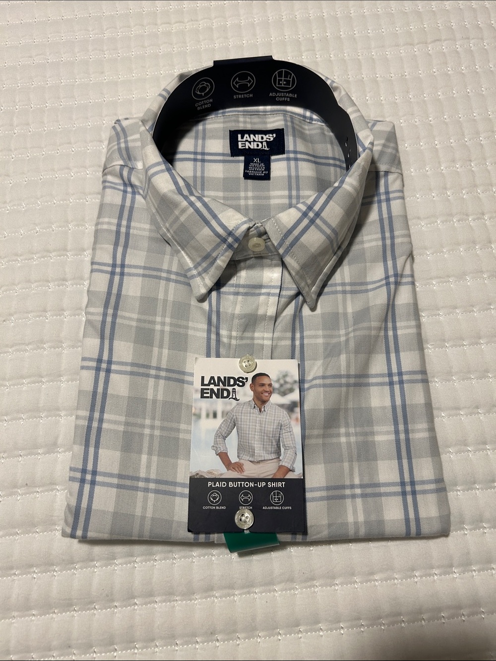Lands' End Men’s Light Gray and Blue Plaid Button-Down Shirt